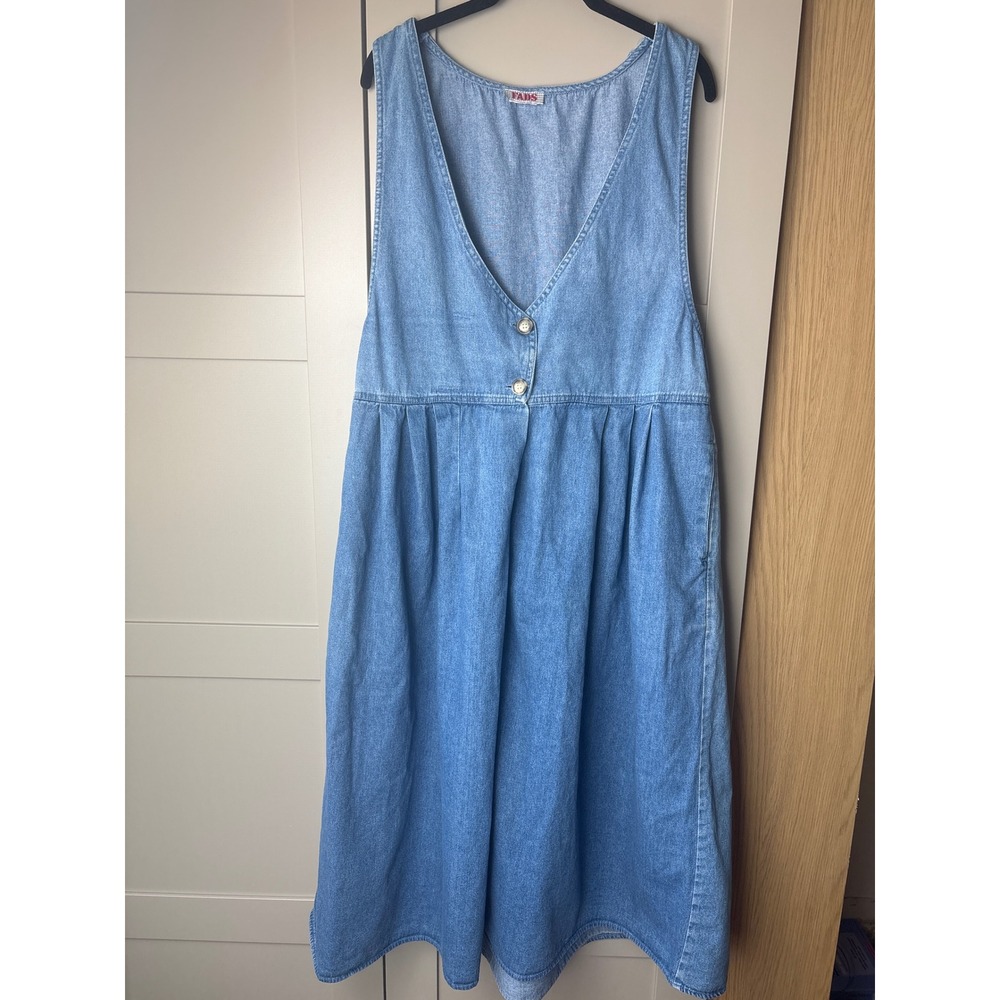 Vintage FADS Women's Denim Pinafore Dress Light Wash Pleated Midi Cottage XL
